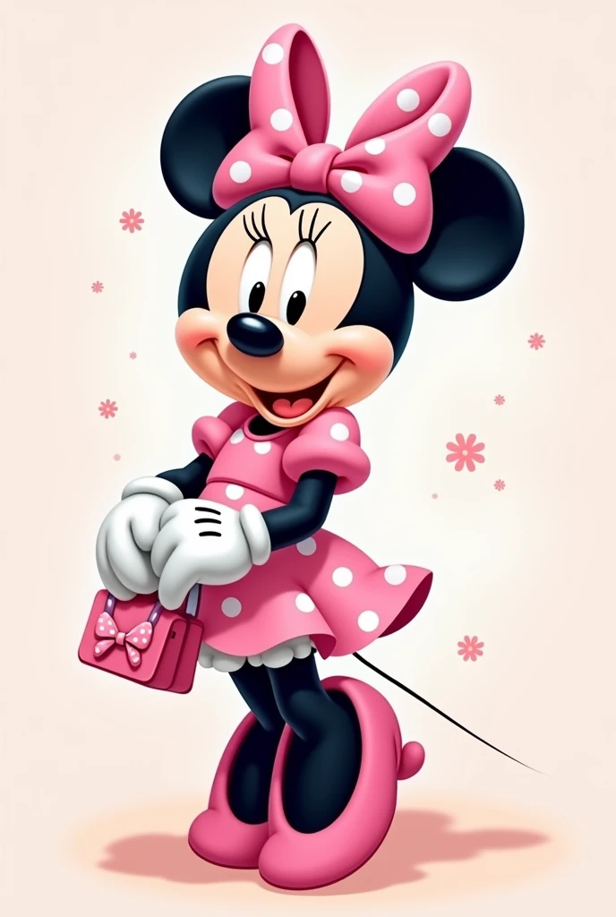 Drawing of a pink Minnie holding a purse in her right hand 
