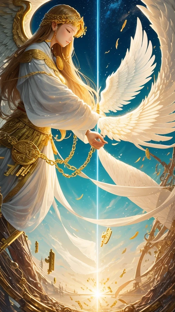 Good luck background image、A powerful miracle of light pours down、wishes come true、Good luck and satisfaction、May you find happiness in both your work and personal life.、Image of breaking the chain、key、Angel Wings、Gold coins、heart、Trees、sense of stability