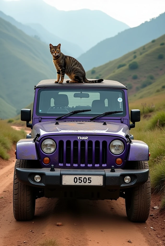 Dark Purple Mahindra Thar car , dirt car , hills background, cat on hood , for phone wallpaper,dog standing next to car wheel, 0505 number on licence plant 