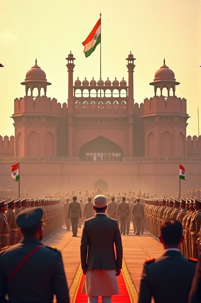 Prompt:
A majestic shot of the Red Fort, bathed in the early morning sunlight. The Prime Minister, in formal attire, stands on the ramparts, flanked by dignitaries and armed forces personnel. A sea of people, dressed in vibrant colors, look on with reverence as the Indian flag is hoisted high, accompanied by a thunderous 21-gun salute. The national anthem echoes through the air as everyone stands in unison, their hands over their hearts, a symbol of national pride and unity.

