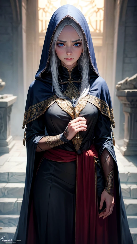 a beautiful mystical elfa sorceress, modest, wearing an old dark hooded cloak, white hair, deep dark eyes, tan skin, brave warrior, ambitious, not very friendly, orphaned thief, detailed face, (best quality,4k,8k,highres,masterpiece:1.2),ultra-detailed,(realistic,photorealistic,photo-realistic:1.37),vivid colors,dramatic lighting,dark fantasy,concept art,digital painting