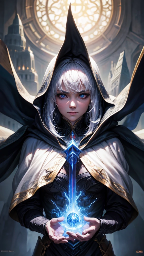 a beautiful mystical elfa sorceress, modest, wearing an old dark hooded cloak, white hair, deep dark eyes, tan skin, brave warrior, ambitious, not very friendly, orphaned thief, detailed face, (best quality,4k,8k,highres,masterpiece:1.2),ultra-detailed,(realistic,photorealistic,photo-realistic:1.37),vivid colors,dramatic lighting,dark fantasy,concept art,digital painting