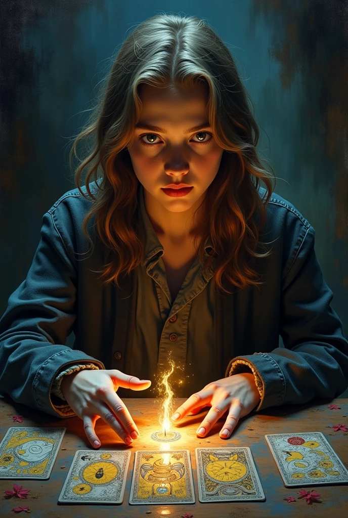 impressionism painting, realisitic, male, teenager, ****ung boy, fortune teller, Tarot cards on the table, looking ahead at viewer, skin fair, long hair, mystic, magical, sheen, sheening, dark magical lighting, temperamental, cinematic, spark of light, Ablaze, darkness INFO
