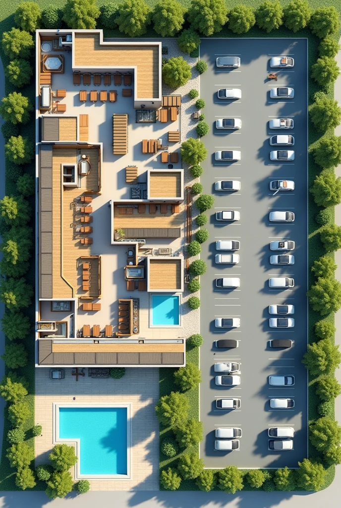 1D hotel floor plan containing the reception area, a restaurant, The recreation space, the rooms, A SPA area, An area for people with disabilities, 3 swimming pools, Connection with green areas, That can be like an open space, The L-shaped parking lot One part in front and the rest alongside, 2 swimming pools in the green area outside the hotel