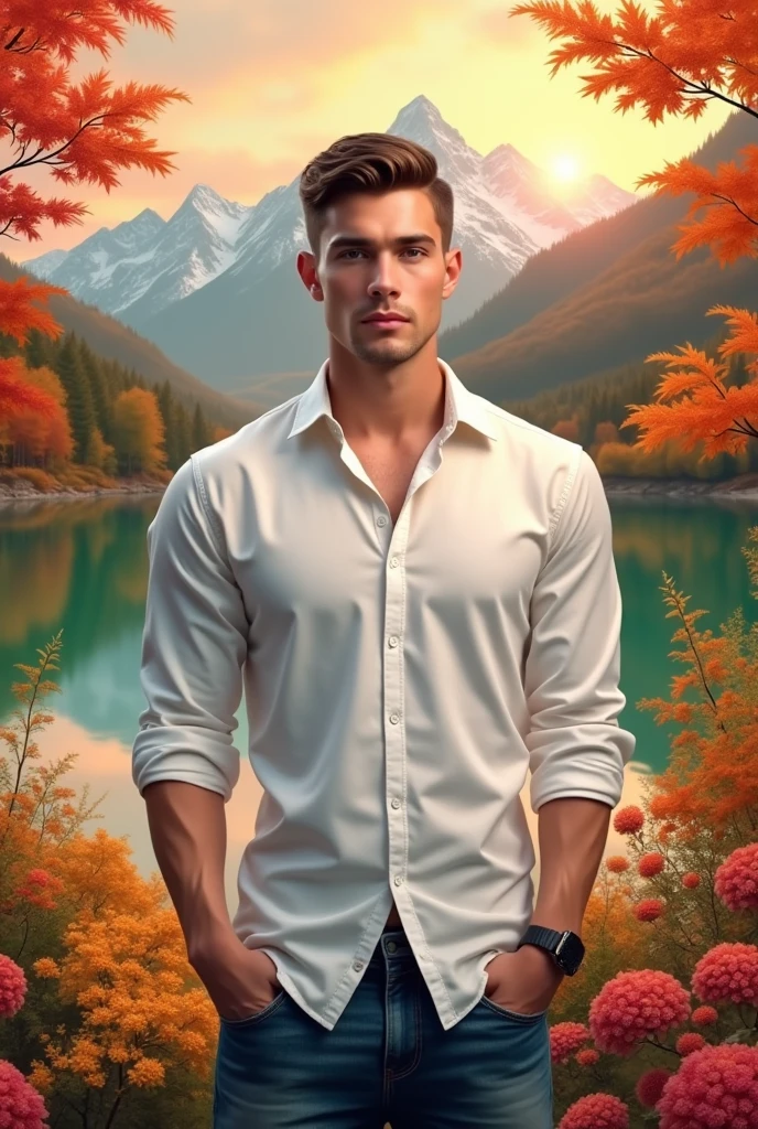 Handsome man short hair wearing white shirt and jeans, standing in front of green lake, colorful flowers, colorful maple trees and snowy mountains, orange sky in the evening, autumn atmosphere 