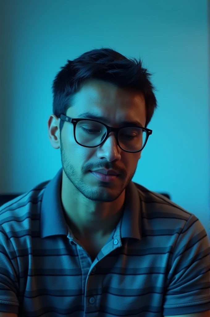 

"A screenshot from a video call showing a man with short, dark hair and glasses, wearing a grey and black striped polo shirt. He appears to be sitting in front of a neutral-colored wall, with a soft blue light cast on the wall behind him. His eyes are closed, and his name, 'Harsh Dave,' is displayed at the bottom of the screen."