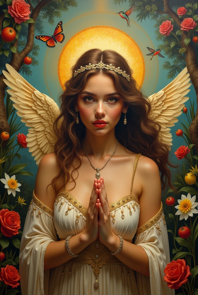 Create random replicas of the classic historical masterpieces of Leonardo da Vinci of Da Vinci Code superhit painting styles, Ultra-High Definition, 64k resolution oil painting without a frame, using full dimensions of the selected resolution to fit the artwork image, medieval era innocent looks, finely detailed to perfection, art-punk, Arabic style, countryside background, art germ, high-octane. A portrait of a Rainbow of Butterflies and Daffodils with a beautiful virgin goddess nymph winged angel in the Garden of Heaven in the Paradise, goddess nymph winged angel is a Blessed Cosmic Virgin Heavenly Bride of Holy Christ and is an exact replica of the sketch of a supermodel and singer Ariana Grande, Vatican looks and style, a precise copy of the conceptual legendary colorful Garden of Heavenly Paradise with rainbow hummingbirds and butterflies flying around, red roses and daffodils in the Heavenly Garden of Paradise with colorful random fruits on trees, a sketch of hummingbirds, butterflies, roses and daffodils is created with attention to the minutest detail, an unreal engine, ultimate beauty pro max, a quantum leap in artwork, magnificent miracle, unmatched quality, unmatched style, uniqueness to perfection, relaxed, bingo, illuminated, radiated with light, magnetic, extraordinary, a master stroke of a legendary brush, the artwork of a genius, a perfect sense of proportion and judgment, a tribute to a legendary master artist, super realistic, superhit, random dynamic poses, random smiling styles, random makeups, and random styles, vibrant 256k colors, ultimate art, extraordinary level portrait painting, master craftsmanship of sketching beautiful human female hands with strictly 4 symmetrical natural fingers on each hand in extremely minutest detail of care applied, silky smooth texture of hands, GEFORCE RTX GPU magic, artwork for British Isles and French market customers, Professional commercial painting