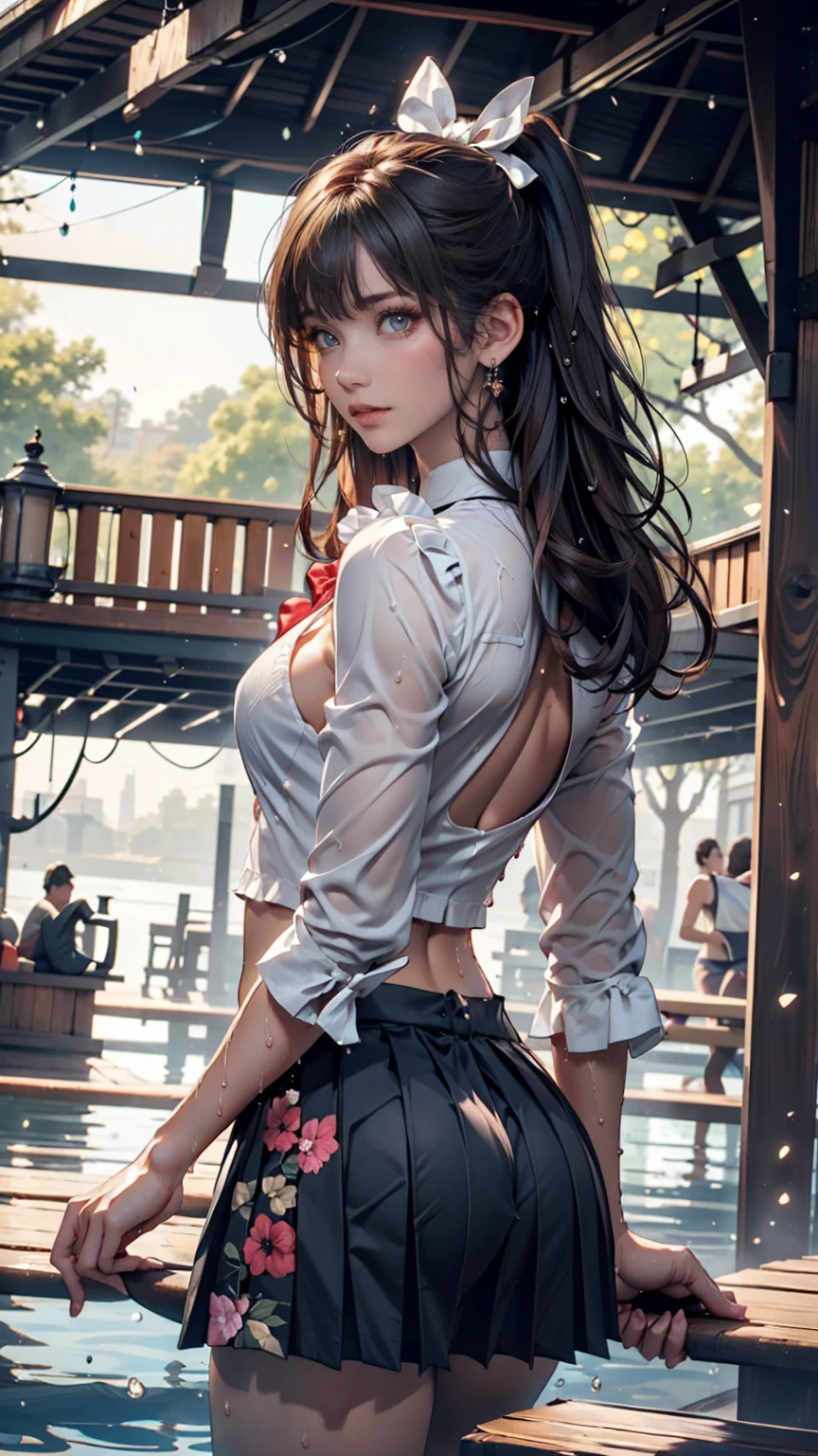 Browsing Caution,((masterpiece)),(((Highest quality))),((Very detailed)),((((Realistic)))),((Disheveled Hair)),((Frills)),(1 person),(alone),Sex from behind, (((Ass Focus))),,lipstick,Dynamic Angle,Big Top Sleeves,floating,Beautiful detailed sky,Beautiful detailed water,Beautiful fine details,Exposure,(fist),Expressionless,Blunt Side Bangs,Hair between the eyes,ribbon,A bow tie,button,Shoulder Bare,(((Small breasts))),Detailed wet clothes,Blank face,Pleated skirt,Flowers