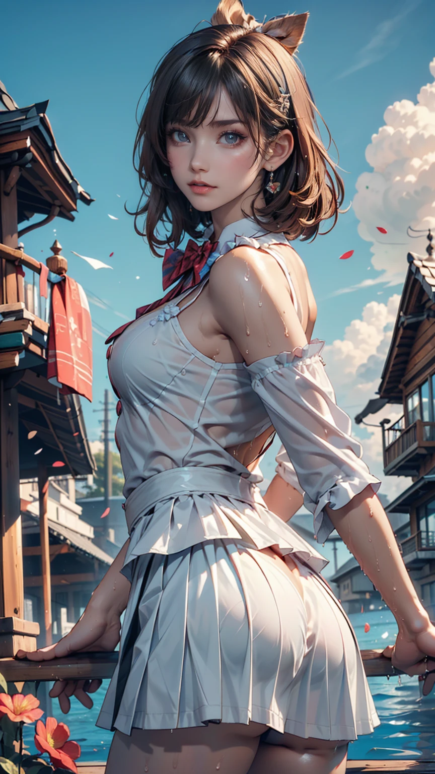 Browsing Caution,((masterpiece)),(((Highest quality))),((Very detailed)),((((Realistic)))),((Disheveled Hair)),((Frills)),(1 person),(alone),Sex from behind, (((Ass Focus))),,lipstick,Dynamic Angle,Big Top Sleeves,floating,Beautiful detailed sky,Beautiful detailed water,Beautiful fine details,Exposure,(fist),Expressionless,Blunt Side Bangs,Hair between the eyes,ribbon,A bow tie,button,Shoulder Bare,(((Small breasts))),Detailed wet clothes,Blank face,Pleated skirt,Flowers  