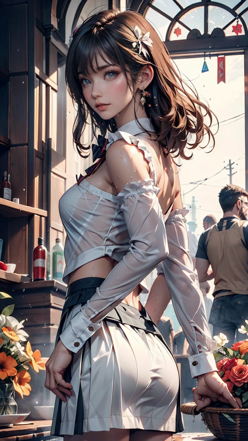 Browsing Caution,((masterpiece)),(((Highest quality))),((Very detailed)),((((Realistic)))),((Disheveled Hair)),((Frills)),(1 person),(alone),Sex from behind, (((Ass Focus))),,lipstick,Dynamic Angle,Big Top Sleeves,floating,Beautiful detailed sky,Beautiful detailed water,Beautiful fine details,Exposure,(fist),Expressionless,Blunt Side Bangs,Hair between the eyes,ribbon,A bow tie,button,Shoulder Bare,(((Small breasts))),Detailed wet clothes,Blank face,Pleated skirt,Flowers