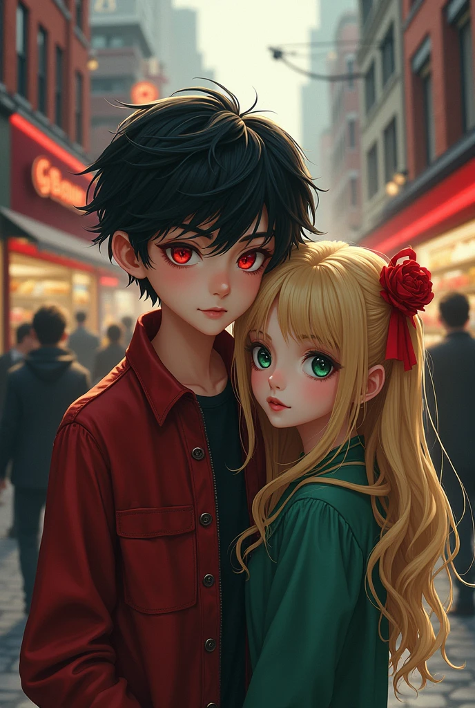 beautiful boy with red eyes, black hair, Next to her a beautiful girl with golden hair and emerald eyes and bangs a red ribbon, In the background there is a street with lots of people and there is only a shop with red bricks and that sells groceries that has horror and mystery in the image 


