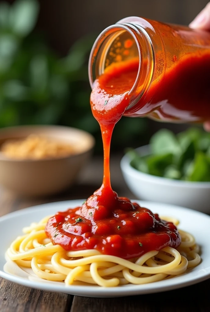 Red sauce in a glass jar pouring over noodles on a plate