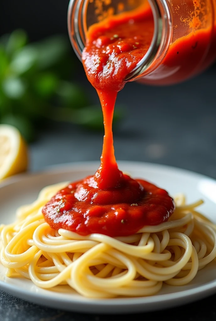 Red sauce in a glass jar pouring over noodles on a plate