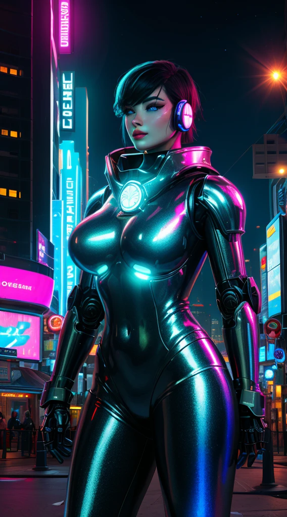 A robot girl adepta sororitas
 with a futuristic appearance and advanced technology, (ultra-detailed,realistic:1.37), [prostituta], beautiful detailed eyes, beautiful detailed lips, long eyelashes, vibrant synthetic skin, sleek metallic body, glowing LED lights, impeccable makeup and hairstyle. She stands in a bustling city street, surrounded by holographic advertisements and neon lights. The cityscape is filled with towering skyscrapers and futuristic vehicles. The air is filled with a mix of artificial scents and the bustling sounds of people and machines. The robot adepta sororitas
 confidently walks with a graceful and alluring demeanor, drawing the attention of onlookers. The color palette is a combination of vibrant neon colors and cool metallic tones. The lighting is a mix of the bright city lights and the soft glow of the robot girl's LED lights on her body, creating an enchanting atmosphere. The image is of the highest quality, with ultra-detailed rendering and a photorealistic appearance.

