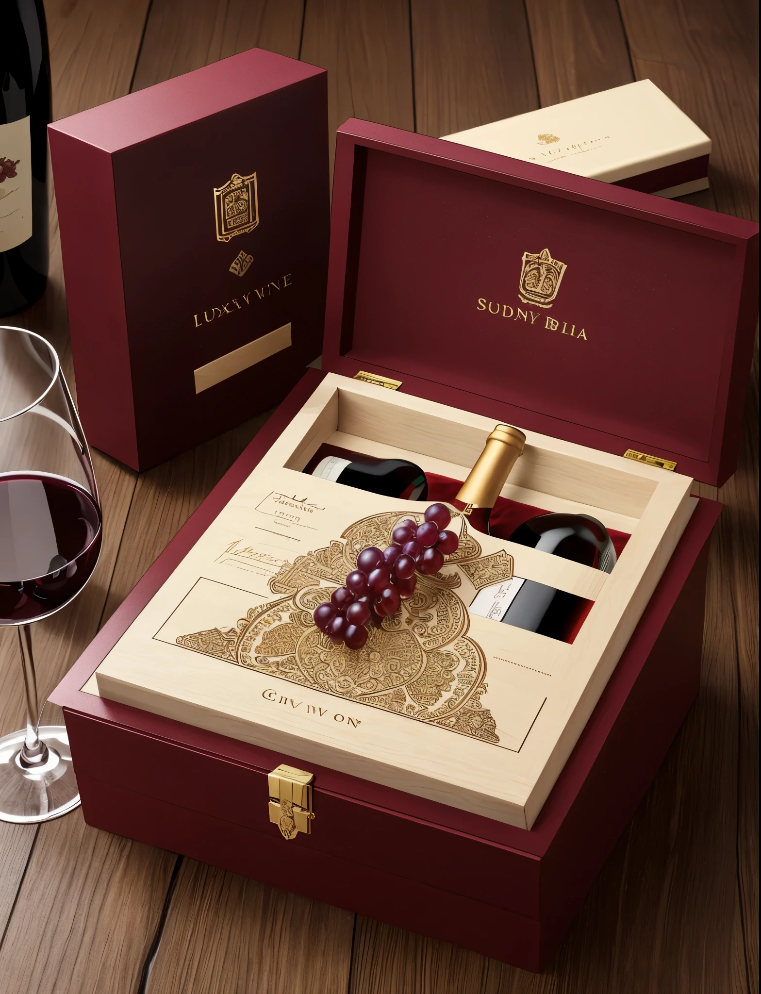 Draw a luxury box for Red Wine, packaging 1 bottle / box. The details on the box clearly show the grapes, the grapes, the ripe vineyard.