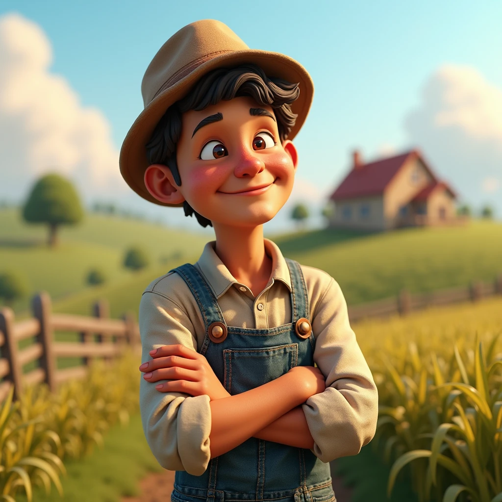 in 3d Animation style "**Satisfied farmer**: The farmer’s relieved and grateful expression after receiving justice."
