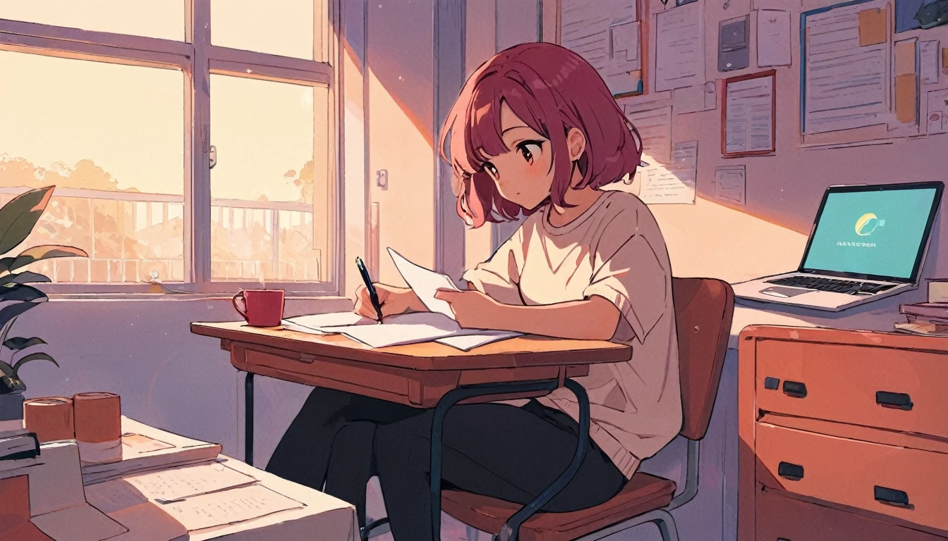 lofi girl, lofi portrait, lofi artstyle, lofi art, arafed woman sitting at a table with a laptop and papers, trying to study, studying in a brightly lit room, studying, studyng in bedroom, studious, by Anna Haifisch, sat at a desk, sat at her desk, by Emma Andijewska, by Christen Dalsgaard, viktoria gavrilenko