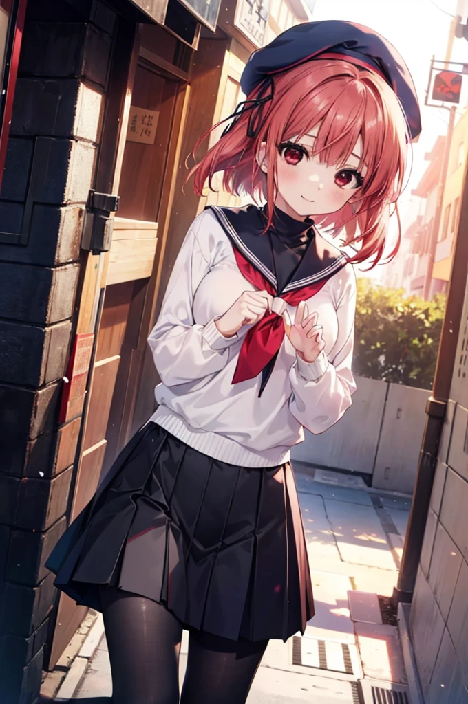 1girl, shintarou style, Arima Kana,Red hair,Red Eye, bob hair,Navy beret, white blouse, navy school uniform, navy inner sweater, pink ribbon on chest, gray skirt, Black pantyhose, big smile,open mouse,He comes running towards me, waving his hands enthusiastically.,Daytime