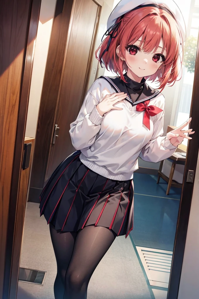 1girl, shintarou style, Arima Kana,Red hair,Red Eye, bob hair,Navy beret, white blouse, navy school uniform, navy inner sweater, pink ribbon on chest, gray skirt, Black pantyhose, big smile,open mouse,He comes running towards me, waving his hands enthusiastically.,Daytime