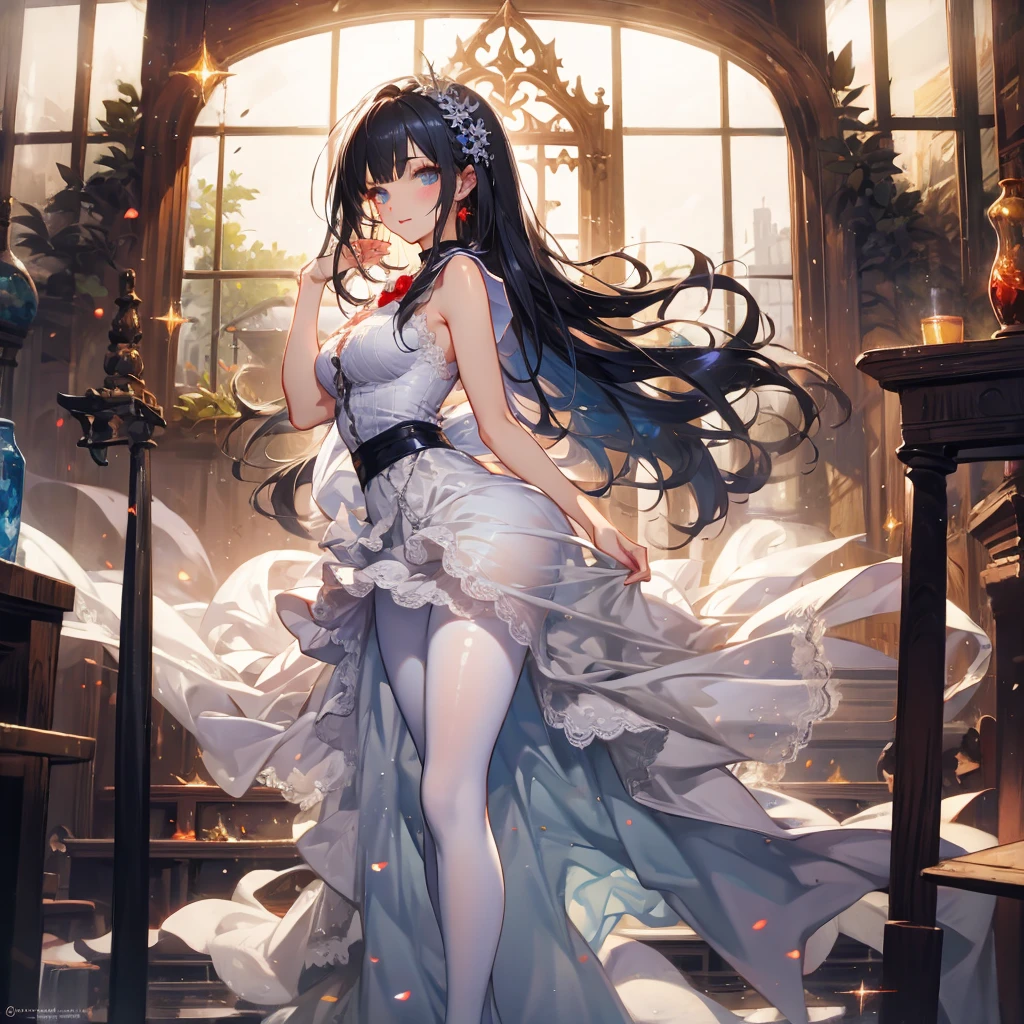 ((masterpiece, best quality)), Delicate face,JK Student,Full body painting,White,Perfect body proportions,Long wavy hair,beautiful eyes,Fantasy style,White背景,transparent,Fun,Lace,Pantyhose