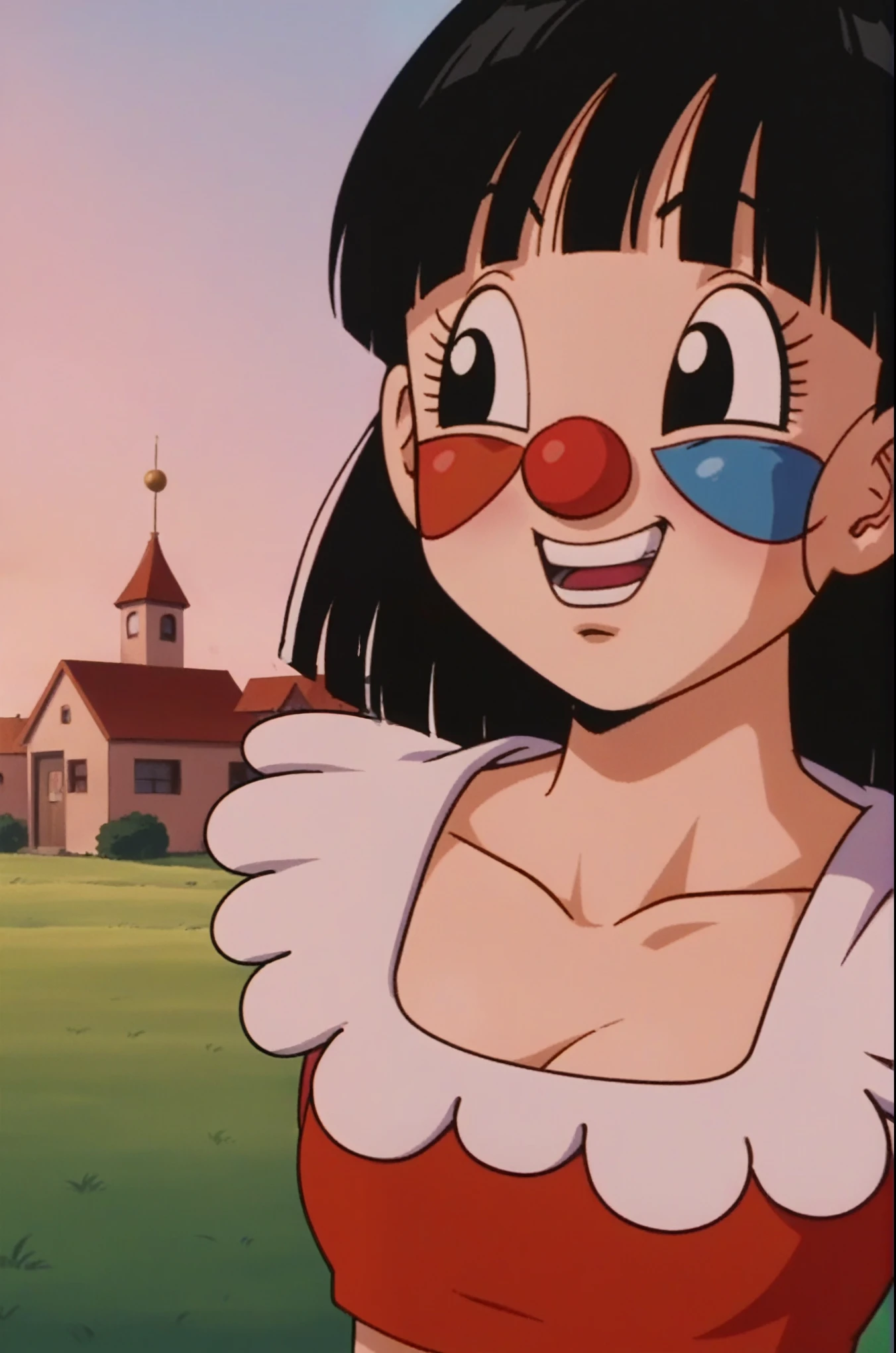 source_anime, score_9, score_8_up, score_7_up, anime screencap,
pangt, 1girl, 1 boy, happy, bangs, closed mouth, melancholic, lost look, blushing, clown, clown nose, upper body, clownpiece, red_afro, face paint, circus, black hair, field, brick town, sunset, Watching the sunset, looking into space, collarbone, whole body, teeth, blunt bangs, outdoors, black eyes, eyelashes, upper teeth only, close-up, retro artstyle, , 1990s \(style\), sitting, clown costume, medium ass, medium breasts, tits, ass