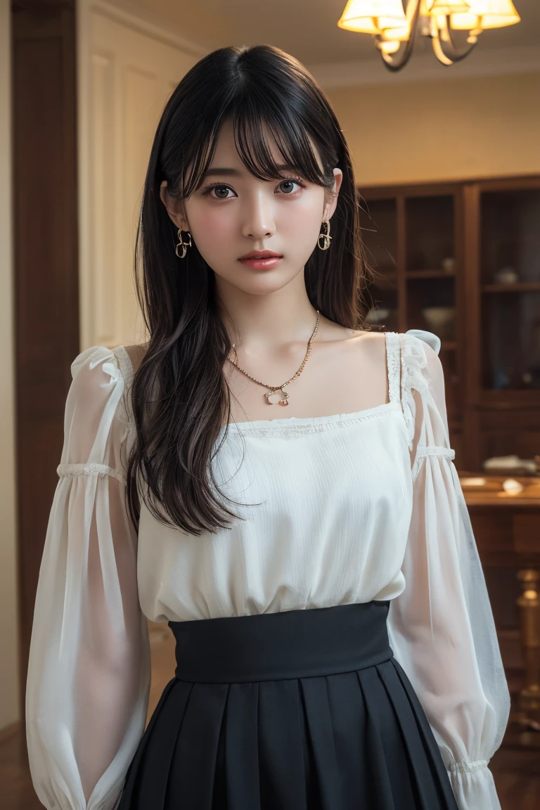 (Highest quality:1.4),(masterpiece:1.4),(Realistic:1.4),(Realistic:1.2),(超High resolution, RAW Photos:1.4),(High resolution, Ultra-detailed:1.2),(8k:1.2),View your viewers,Cinematic photography,One person,skeletally correct,Black-haired woman,Woman in her early 20s,(Small earrings,necklace,White blouse with voluminous sleeves,Ivory crochet long skirt),(Western-style building interior,Dimly lit room,The lamplight shines on my cheeks)