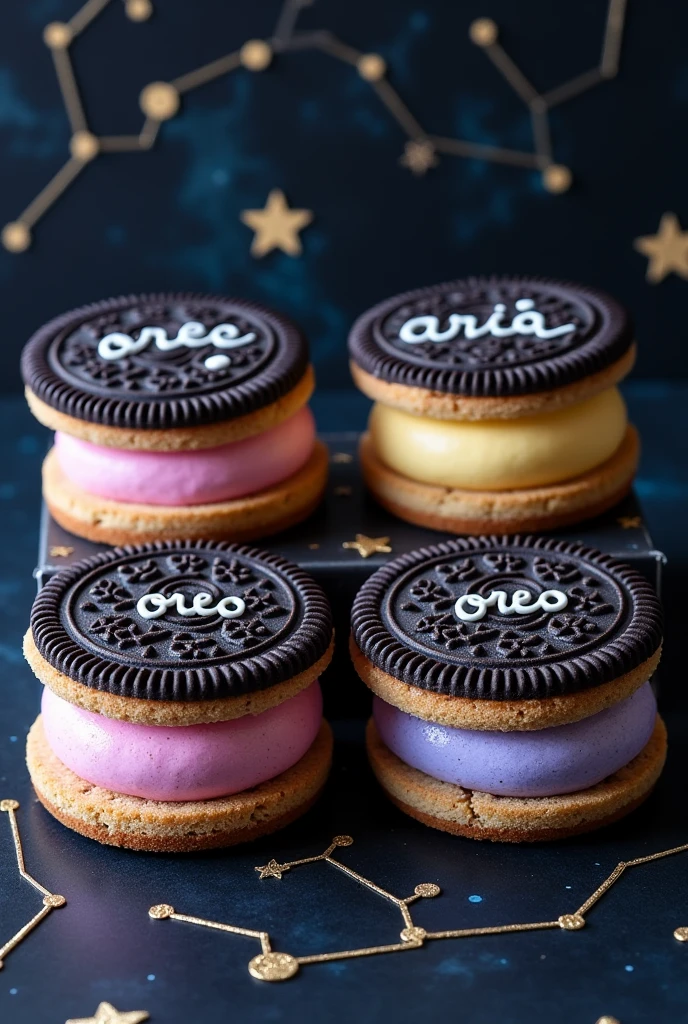 Make 4 Oreos, 1 cake has 1 filling color, green, blue, white and red pastel, with star printed on the cake and the word oreo, Add a constellation printed packaging to each one
