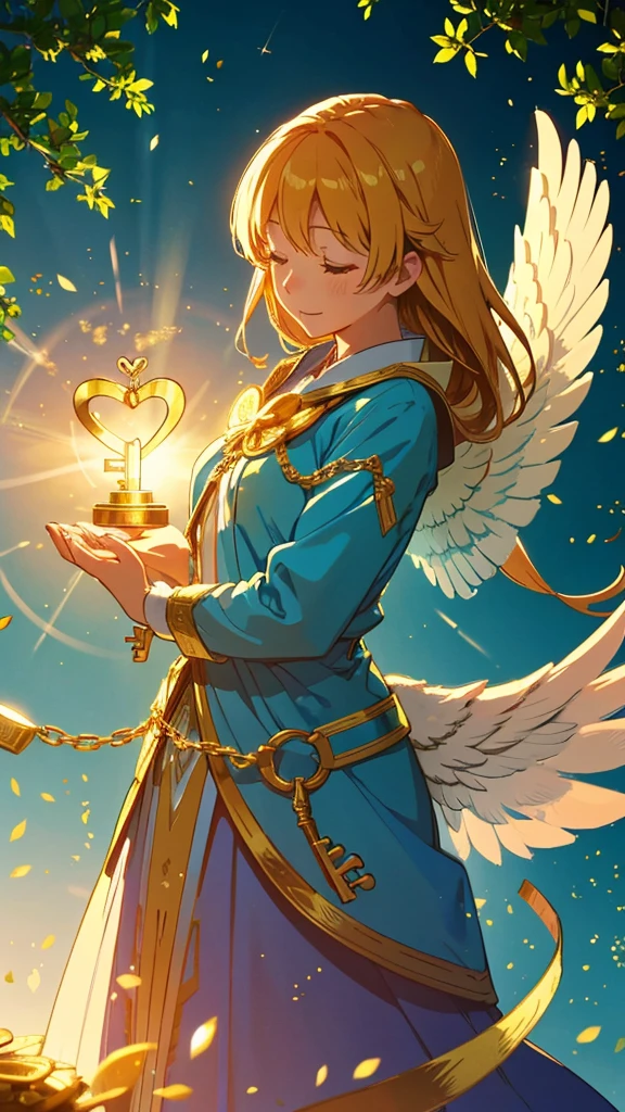 Good luck background image、A powerful miracle of light pours down、wishes come true、Good luck and satisfaction、May you find happiness in both your work and personal life.、Image of breaking the chain、key、Angel Wings、Gold coins、heart、Trees、sense of stability