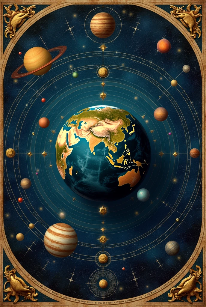 Ancient star map, with the Earth at the center (geocentric model) and the planets orbiting around it, based on the ideas of Ptolemy.