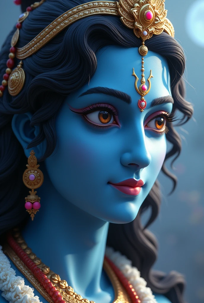 Lord Shri Ram's face was bright, gentle, soft and beautiful like the moon. His eyes were beautiful and big like lotus. His nose was long and well-shaped like his face. He has a bow and arrow in his hand. Black hair , blue colour body