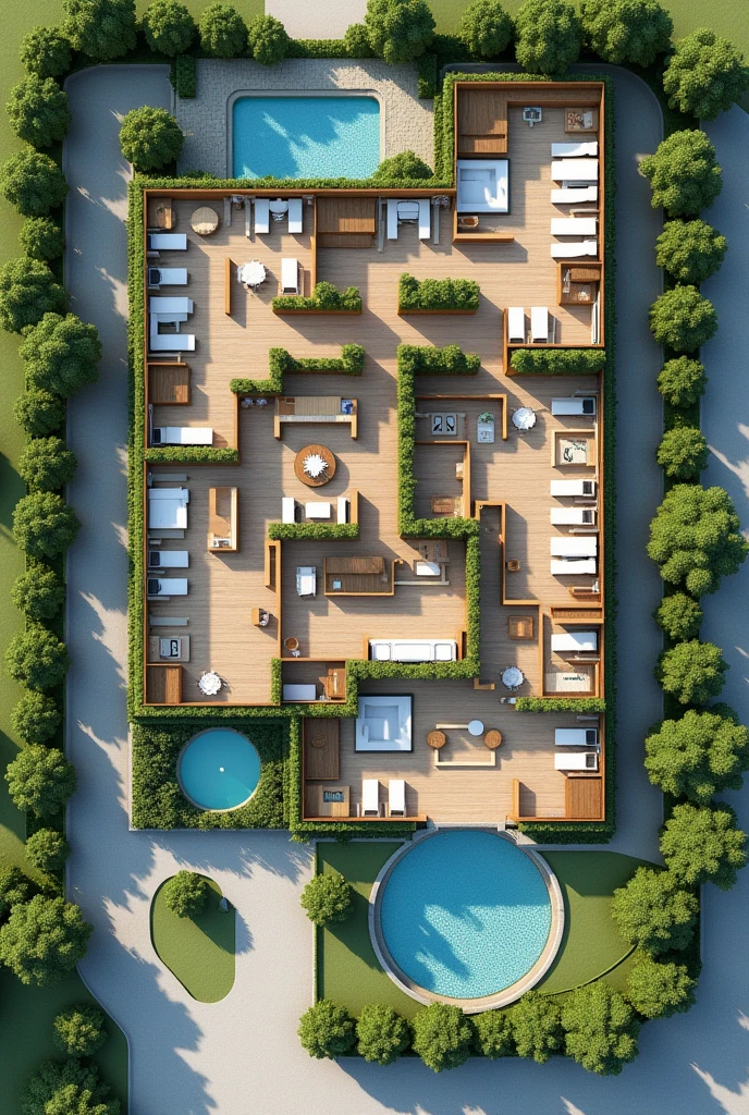 1D hotel floor plan containing the reception area, a restaurant, The recreation space, the rooms, A SPA area, An area for people with disabilities, 3 swimming pools, Connection with green areas, That can be like an open space, The L-shaped parking lot One part in front and the rest alongside, 2 swimming pools in the green area outside the hotel