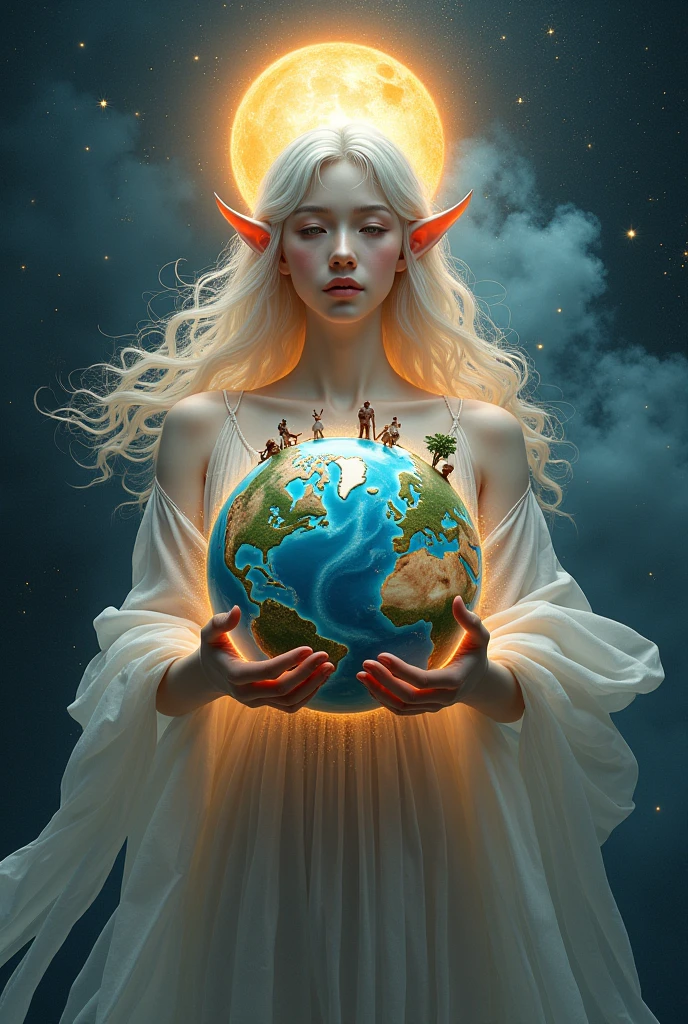 Create an image featuring a humanoid figure appearing to be made of stardust, where one can discern wisps of nebulae and constellations within this form. This figure has hair and is delicately holding the Earth in one hand. The Earth itself is teeming with diverse forms of life, represented through miniature depictions of various plants and human figures of diverse descents and genders dotting the landscape. In the other hand, this figure holds a different, unnamed planet. The background is a vast expanse of space, with the radiant sun on one side of the Earth and the moon casting its cool glow on the other side., horned girl, devil horns, elf ears, cleavage, thigh, short skirt, sexy