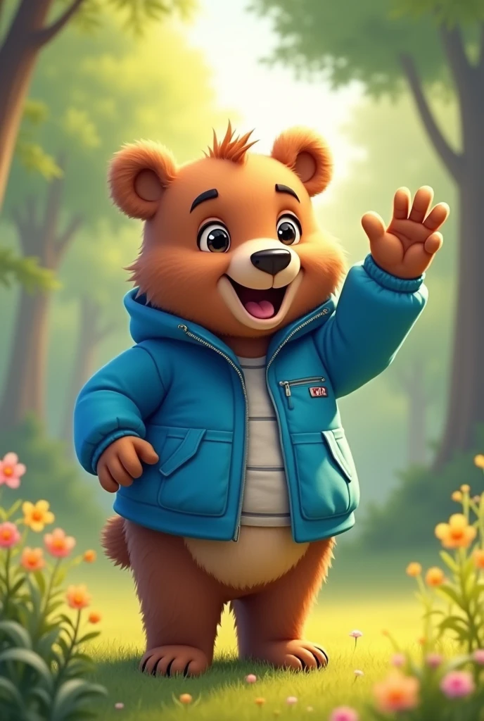 Create some images where a bear in a blue jacket is waving