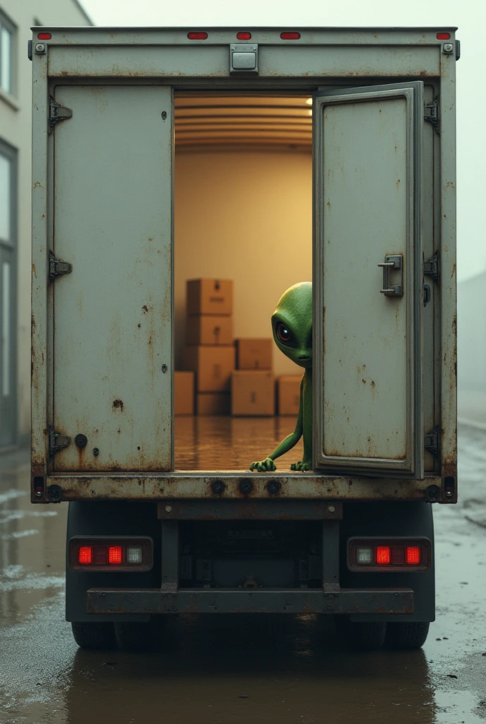 Create a realistic image where only the 2 doors on the back of the truck bed are visible, where 1 of the doors will appear to be open and the other closed.. Through the open door you can see the back of the white room with some cardboard boxes stacked on one side and where only the head of a little Martian sticking out from the right staring at you from inside the room, who is holding one of the edges with one of his hands and is looking out.