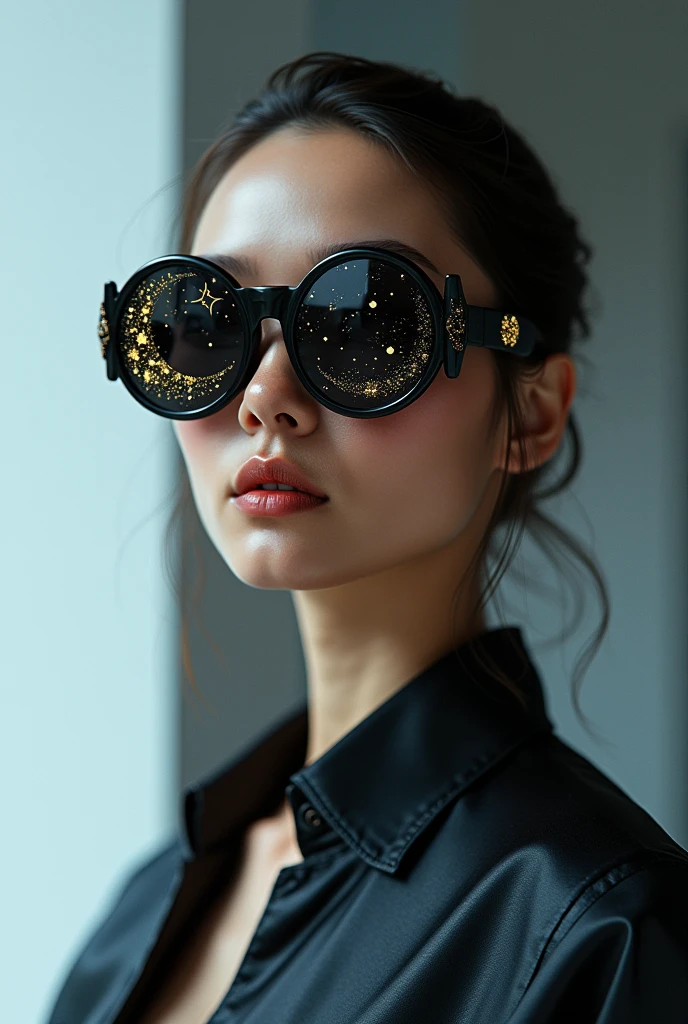 The model is wearing glass sunglasses with stars and the moon on the glass