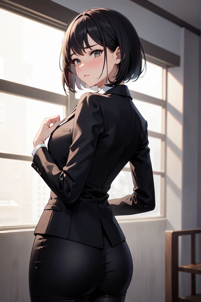 (((masterpiece,best quality,ultra detailed,high resolution))),One person,Cute face,Black Hair,Bob Hair,shame,pants suit,looking back,hip focus,nose blush,furrowed brow