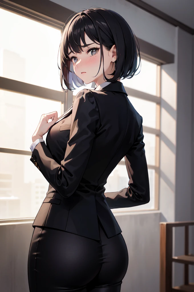(((masterpiece,best quality,ultra detailed,high resolution))),One person,Cute face,Black Hair,Bob Hair,shame,pants suit,looking back,hip focus,nose blush,furrowed brow