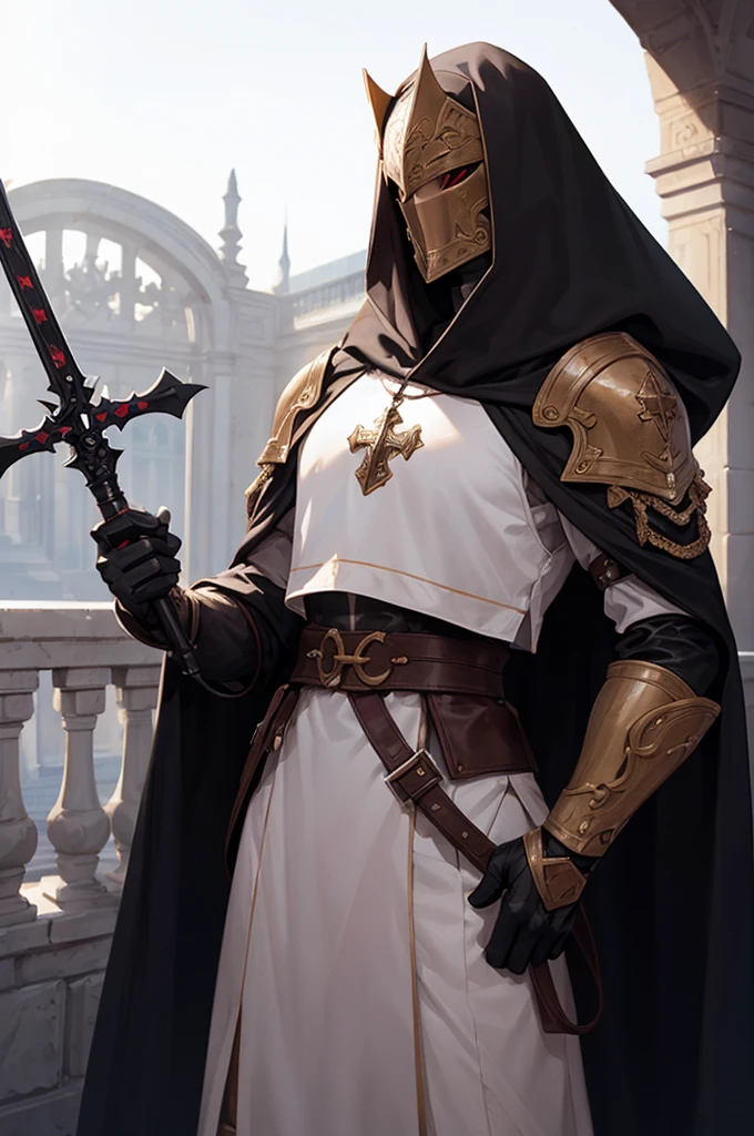 (((masterpiece; best quality: 1.2))), ((1 templar)), ((solo)), (no face: 1.4), (body shape; toned, lean, masculine: 1.3), (beautiful and clear background: 1.2), ((depth of field)), (equipment: templar garb + surcoat with cross + chainmail shirt + closed helmet + leather gloves + black cloak : 1.3), (anime illustration: 1.2), (background composition; palace garden + plants: 1.1), (shot composition; standing + centered on head + bust close-up: 1.5)
