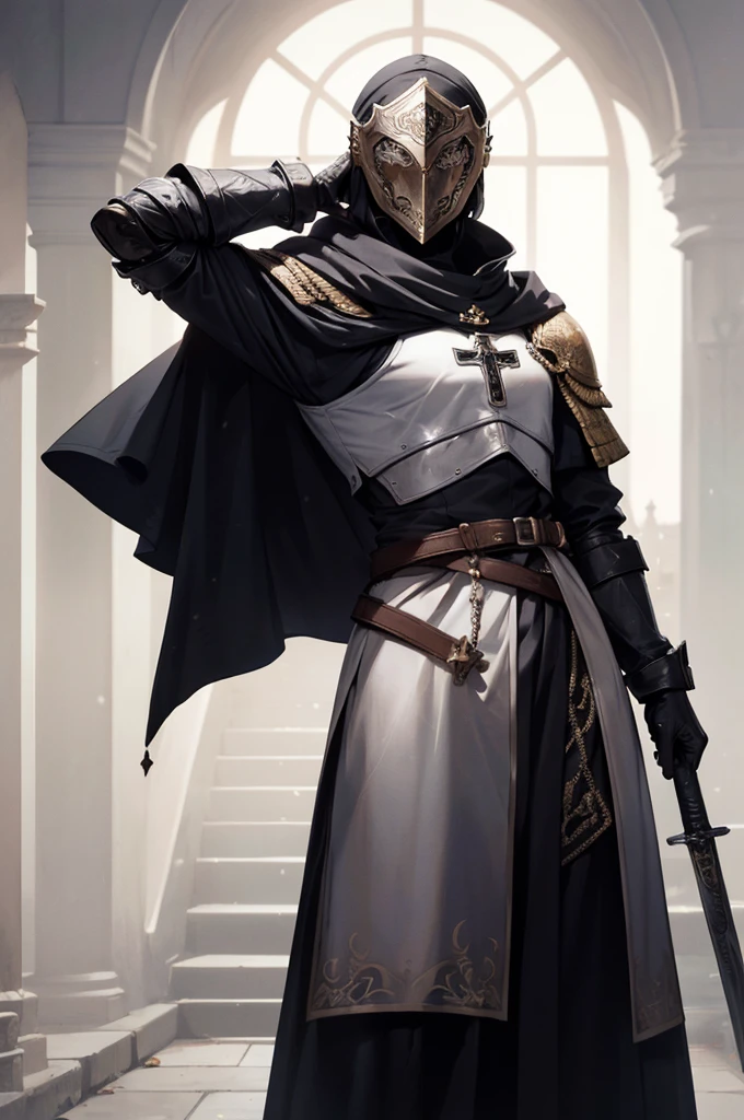 (((masterpiece; best quality: 1.2))), ((1 templar)), ((solo)), (no face: 1.4), (body shape; toned, lean, masculine: 1.3), (beautiful and clear background: 1.2), ((depth of field)), (equipment: templar garb + surcoat with cross + chainmail shirt + closed helmet + leather gloves + black cloak : 1.3), (anime illustration: 1.2), (background composition; palace garden + plants: 1.1), (shot composition; standing + centered on head + bust close-up: 1.5)