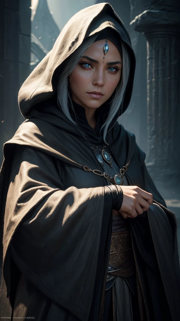 a beautiful mystical elfa sorceress, modest, wearing an old dark hooded cloak, white hair, deep dark eyes, tan skin, brave warrior, ambitious, not very friendly, orphaned thief, detailed face, (best quality,4k,8k,highres,masterpiece:1.2),ultra-detailed,(realistic,photorealistic,photo-realistic:1.37),vivid colors,dramatic lighting,dark fantasy,concept art,digital painting