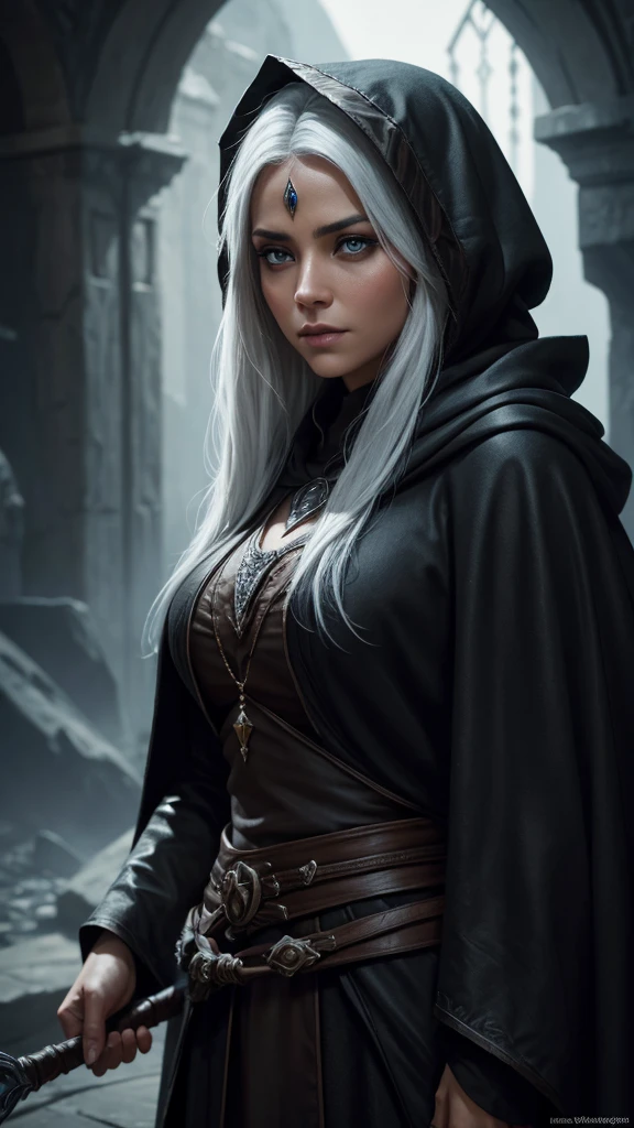 a beautiful mystical elfa sorceress, modest, wearing an old dark hooded cloak, white hair, deep dark eyes, tan skin, brave warrior, ambitious, not very friendly, orphaned thief, detailed face, (best quality,4k,8k,highres,masterpiece:1.2),ultra-detailed,(realistic,photorealistic,photo-realistic:1.37),vivid colors,dramatic lighting,dark fantasy,concept art,digital painting