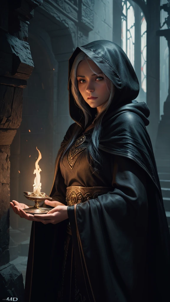 a beautiful mystical elfa sorceress, modest, wearing an old dark hooded cloak, white hair, deep dark eyes, tan skin, brave warrior, ambitious, not very friendly, orphaned thief, detailed face, (best quality,4k,8k,highres,masterpiece:1.2),ultra-detailed,(realistic,photorealistic,photo-realistic:1.37),vivid colors,dramatic lighting,dark fantasy,concept art,digital painting