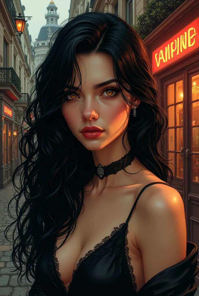 Realistic fantasy manhwa A 21 year old vampire woman, with amber eyes, long black hair, mexican traits, He has a bright and fierce look, It is set in the 1920s in France 