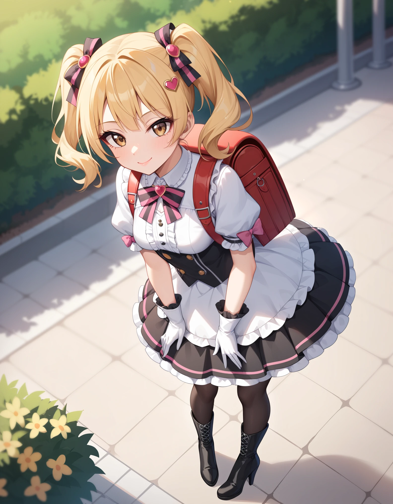 masterpiece, best quality, highly detailed, ultra high res, 1girl, , solo, brown eyes, hair ornament, short ash blonde hair, twin tails, hair ribbon, light smile, glossy lips, idol dress,idol costumes, short sleeves, puffy sleeves, very puffy skirt, flared skirt, puffy dress, party costumes, wearing black thighhighs, wearing white high heeled boots, boots, wearing school backpack,red backpack, outdoor, wearing white gloves, fullbody, park