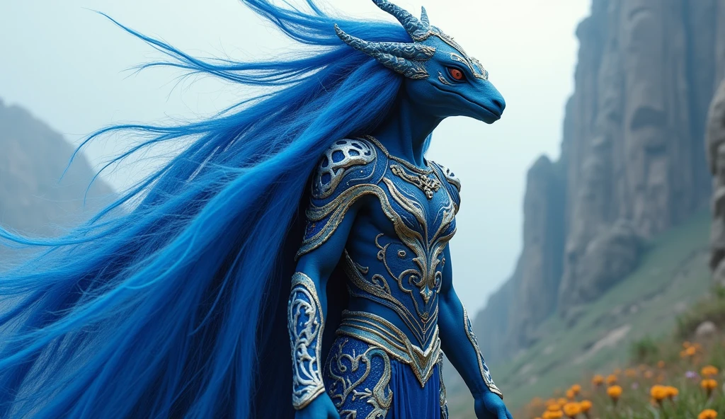 El Salvador as a central american League of Legend creature in ultramarine blue, white, and ultramarine blue colors. Intricated clothing. Cinematic Fantasy sci-fi landscape background