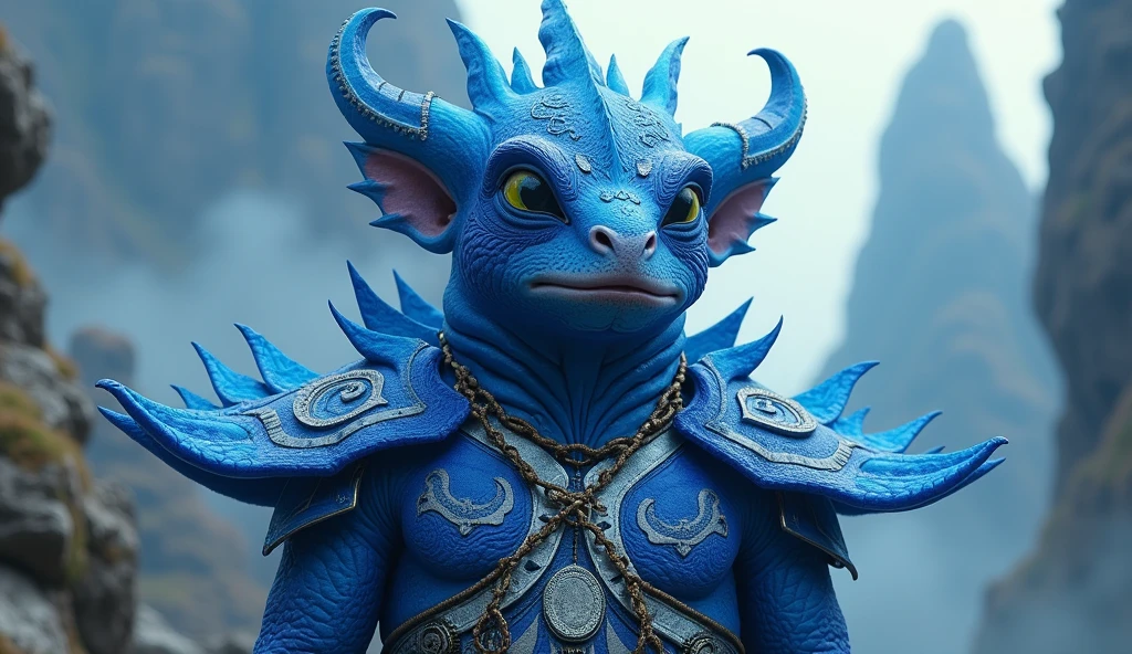 El Salvador as a central american League of Legend creature in ultramarine blue, white, and ultramarine blue colors. Intricated clothing. Cinematic Fantasy sci-fi landscape background