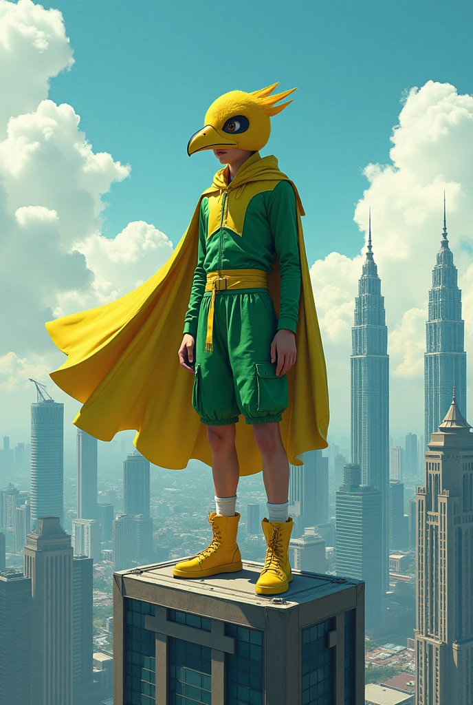 intricate detailed illustration of a teenage boy wearing a helmet with a bird face, green suit,wear shor gcargo pant. cape, standing on top of a building, hyper realistic, 8k, photorealistic, masterpiece, cinematic lighting, vibrant colors, dramatic composition. Yellow boots. Background klcc.