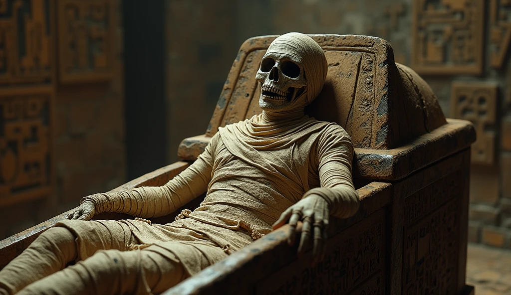 A wrapped mummy emerging from a sarcophagus, its bandages frayed and dusty, with a dark, eerie tomb in the background, highly detailed and realistic