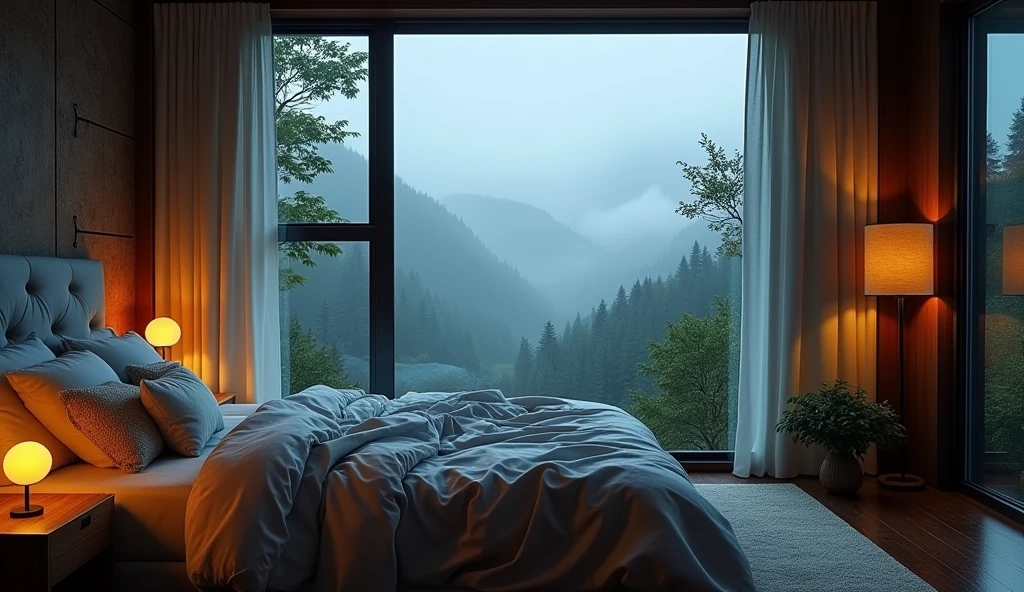 (masterpiece, bestquality),Bedroom with valley view,Outside the window,It's raining,Fog,Comfy bed.,forests,warm,Evening lighting
