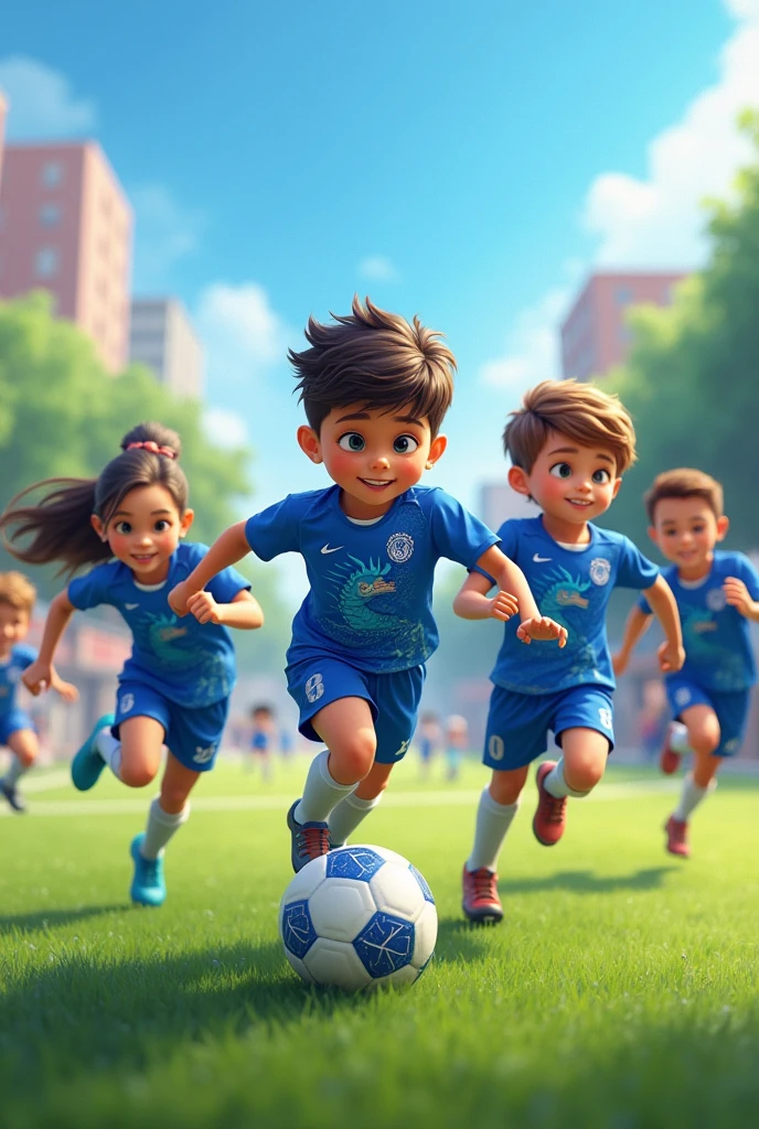 Team of kids playing soccer in blue dragon uniform